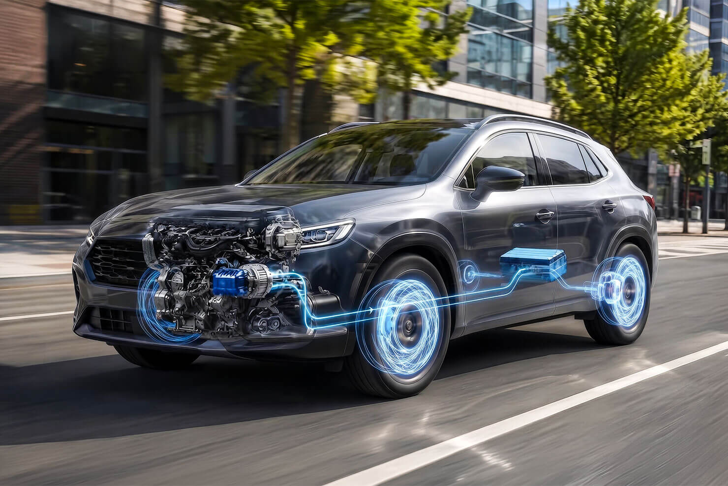 Ein Mild-Hybrid-Auto fährt durch eine Stadtstraße. Die halbtransparente Grafik zeigt den Antriebsstrang mit Verbrennungsmotor, 48-V-Anlage und einem System zur Rückgewinnung von Bremsenergie.